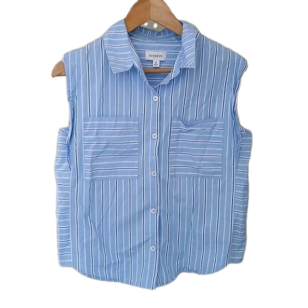 Evereve Light Blue and White Striped Sleeveless Button-Down Shirt